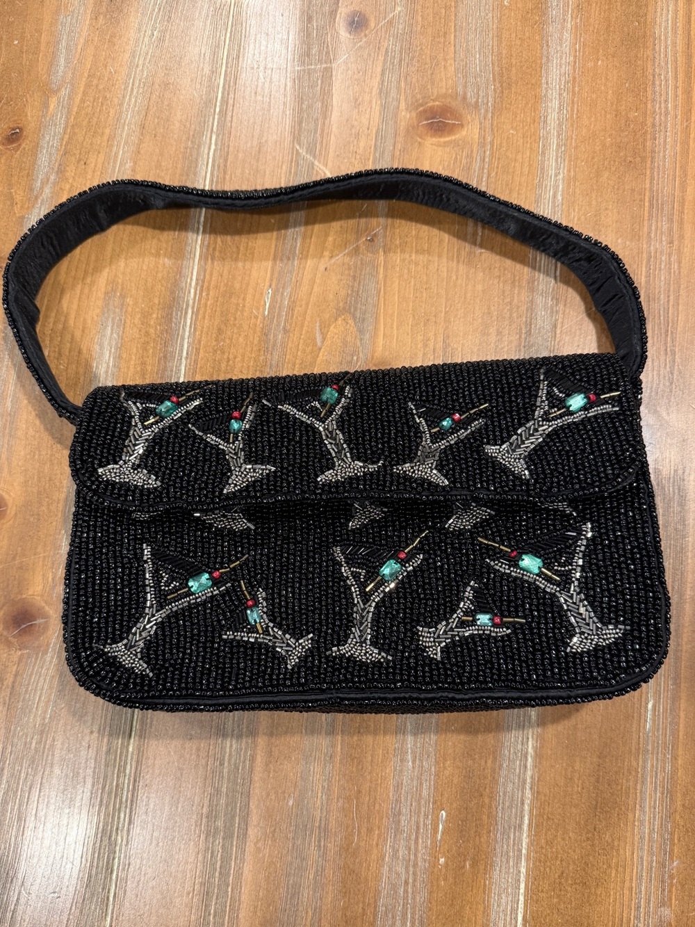 Viral Handcrafted India Beaded Martini Shoulder Bag Black Cocktail Purse Silver